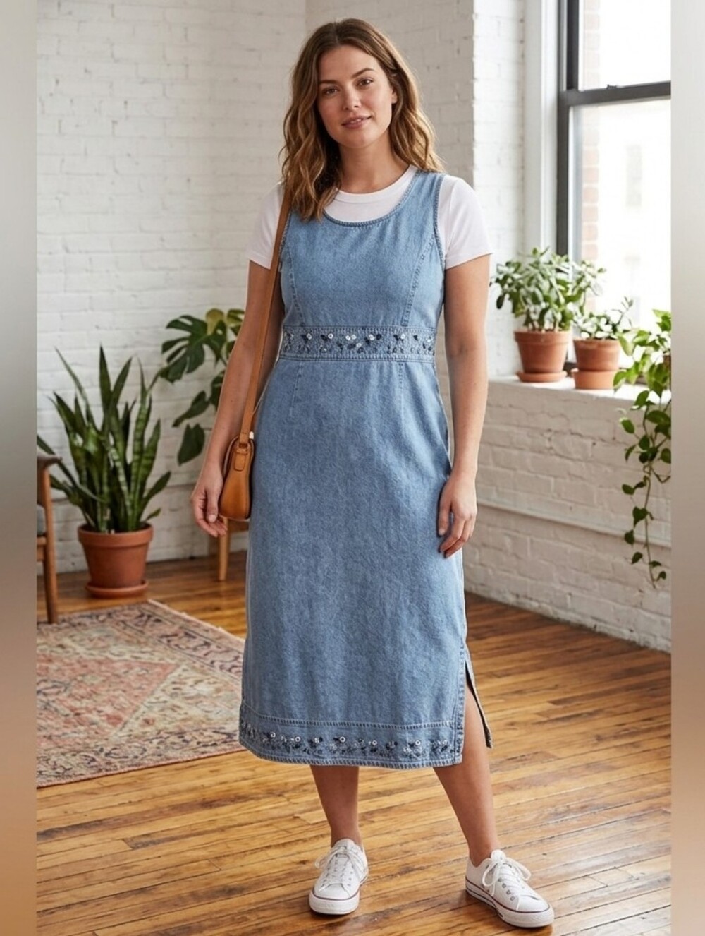Floral Embroidery Sleeveless Light Blue Denim Midi Maxi 100% Cotton Jumper Dress
